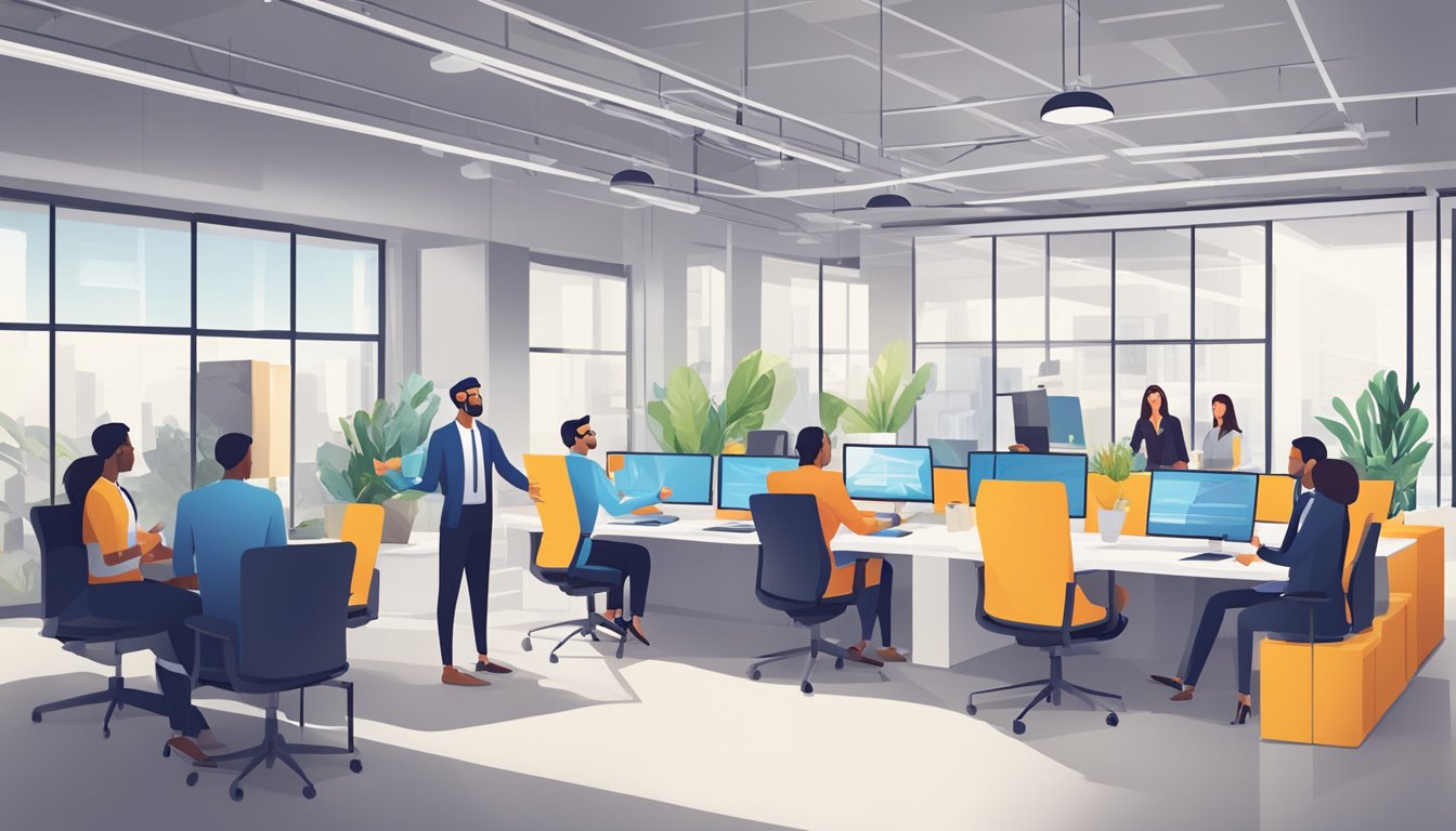 A group of employees collaborating in an open office space, with a manager facilitating discussions and guiding the team towards a common goal