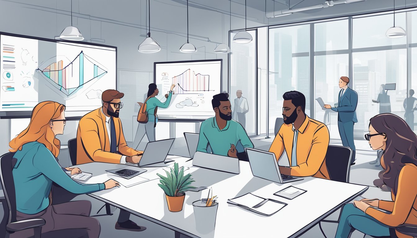 A group of diverse individuals collaborating in a modern office space, using technology and whiteboards to brainstorm and problem-solve together