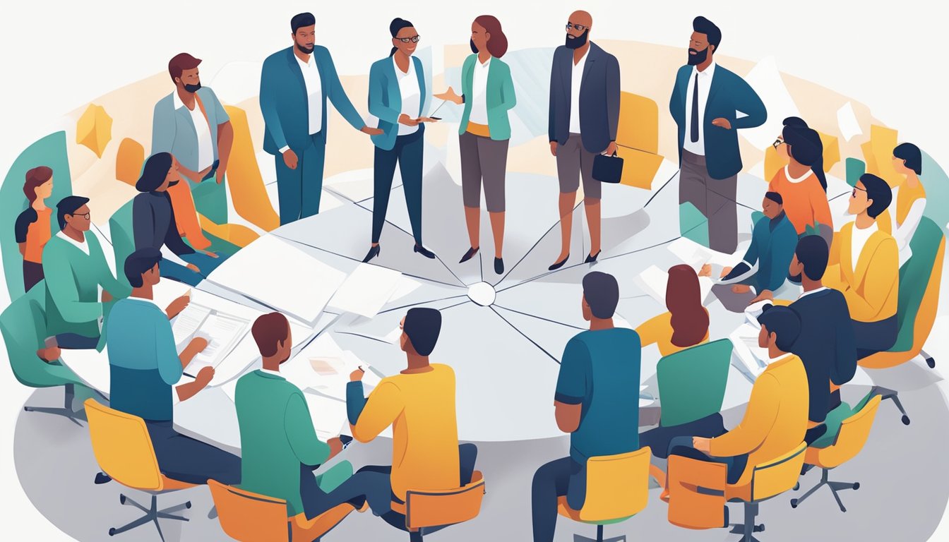 A manager stands at the center, surrounded by team members. They are engaged in open communication and collaboration, with the manager facilitating rather than dictating. The atmosphere is one of empowerment and shared responsibility
