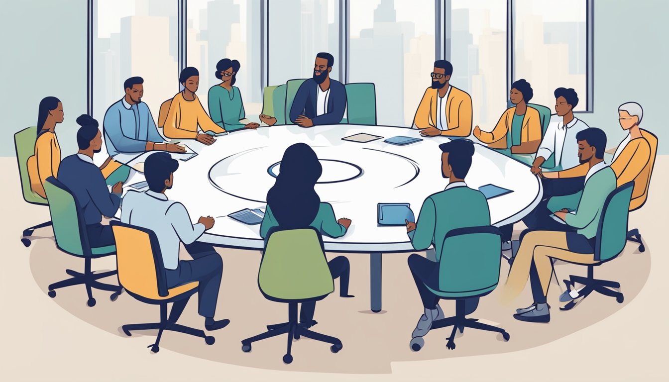 A group of diverse employees collaborate around a circular table, brainstorming and sharing ideas. A manager stands back, observing and facilitating the discussion. The atmosphere is dynamic and inclusive, with everyone engaged and contributing