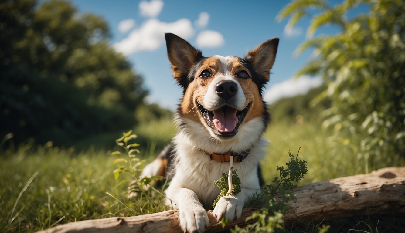 A happy dog chews on a nutritious bone, surrounded by vibrant greenery and a clear blue sky