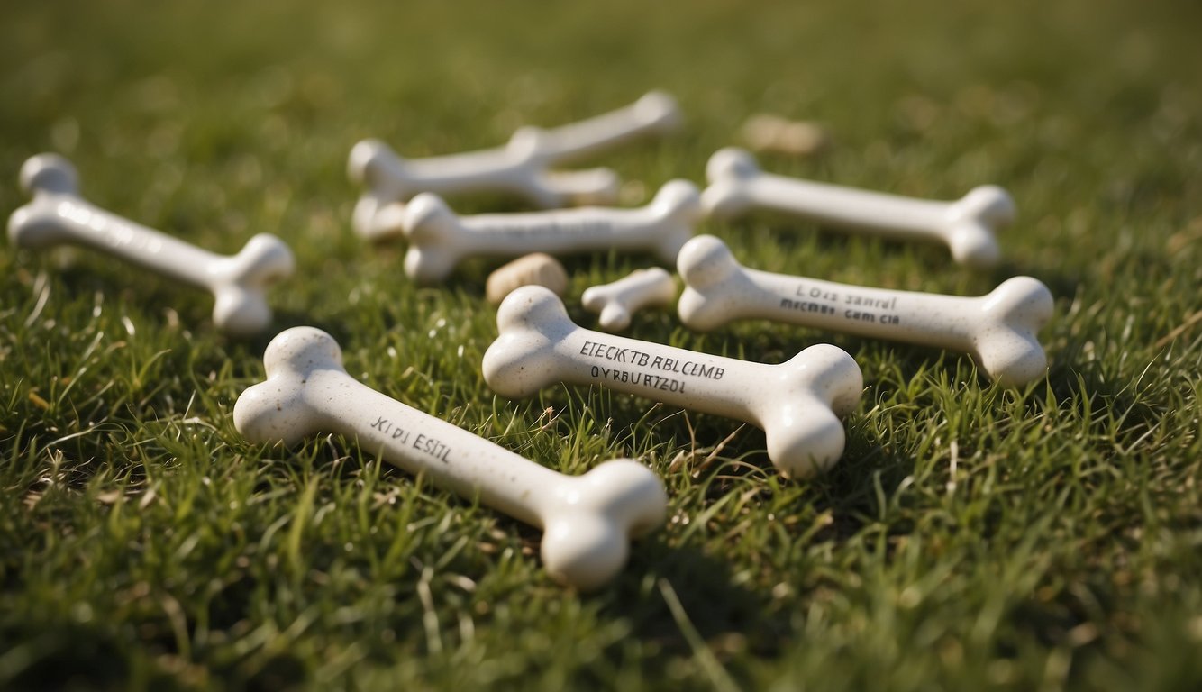 A variety of dog bones scattered on a grassy field, with labels showcasing their health benefits