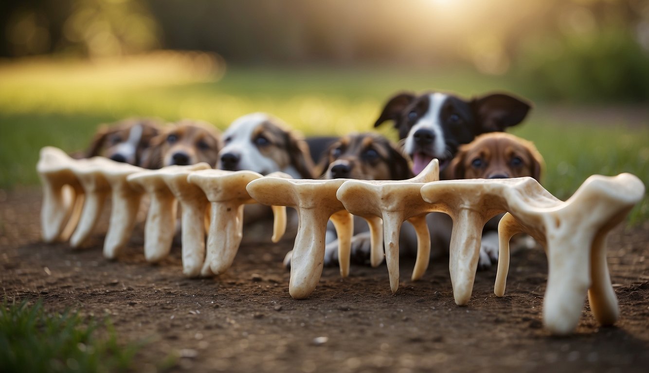 Various dog bones in a row, labeled with "Good Dog Bones" and "Dental Benefits." A happy dog chewing on one bone