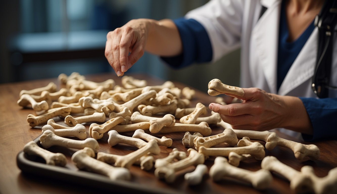 A veterinarian examines a display of dog bones, pointing to one with a label reading "Good Dog Bones: Health Benefits."