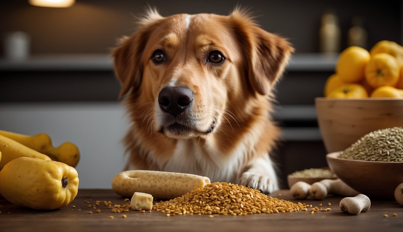 A happy dog chews on a bone, surrounded by healthy ingredients like flaxseed and turmeric, with a label boasting health benefits