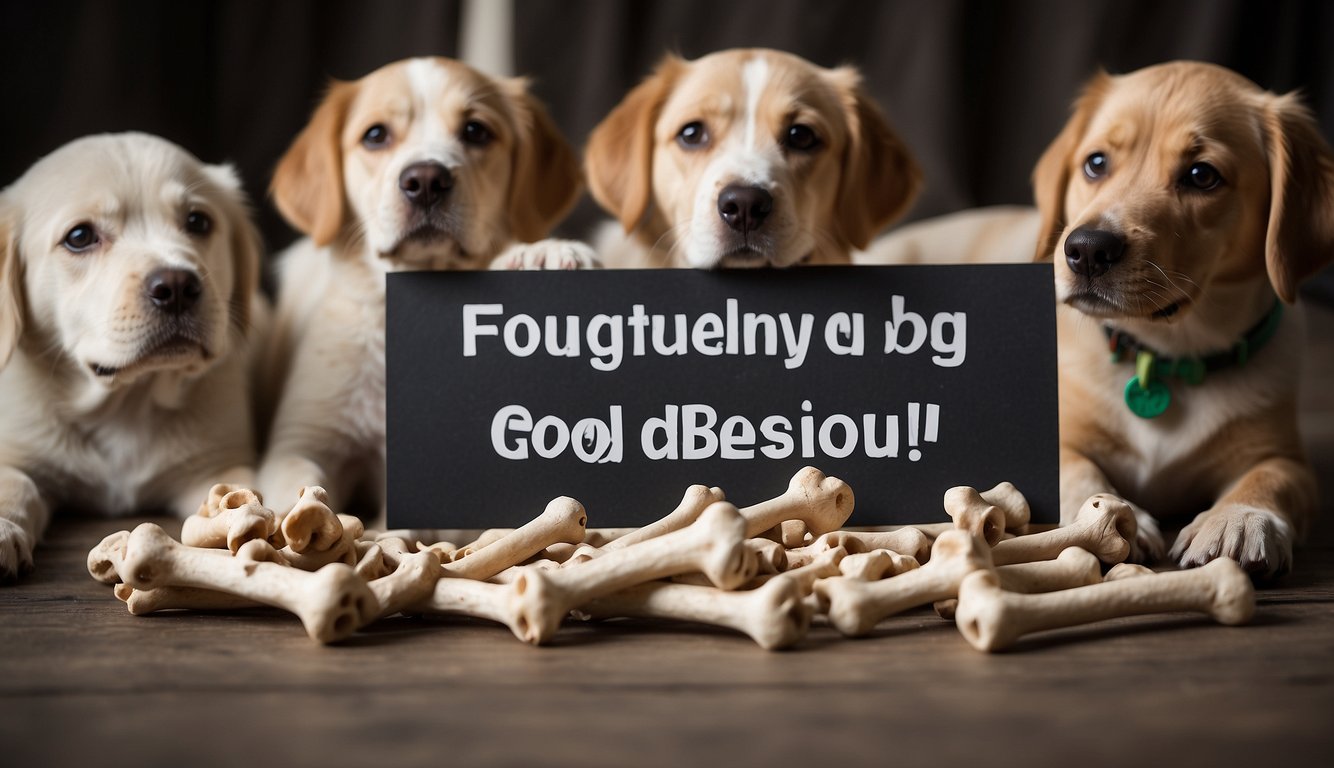 A pile of healthy dog bones surrounded by curious pups, with a banner reading "Frequently Asked Questions: Good Dog Bones - Which Offer Health Benefits?" displayed prominently