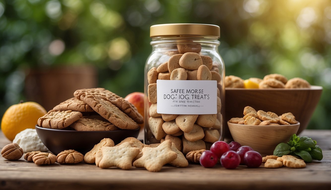 A variety of natural dog treats displayed on a wooden table, including fresh fruits, vegetables, and homemade biscuits. A label reads "Safest Dog Treats."