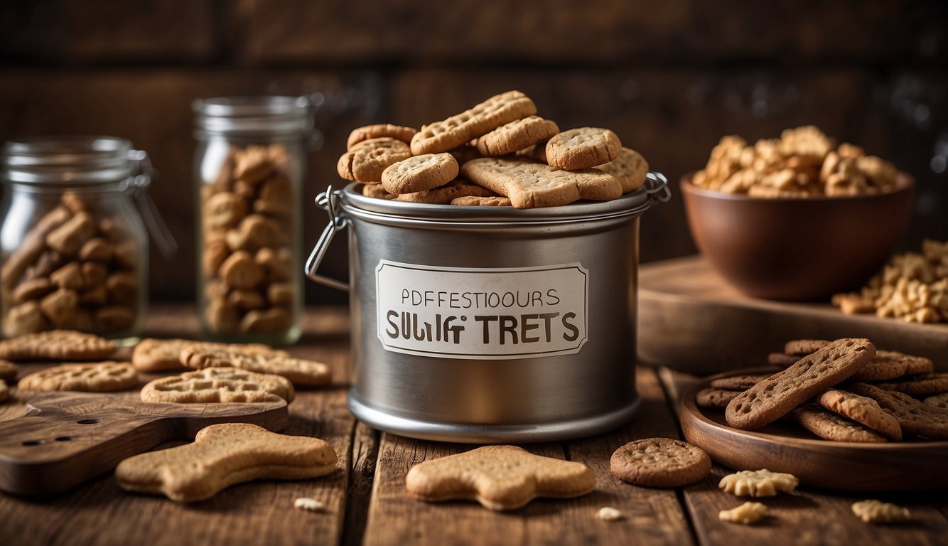 A variety of dog treats are arranged on a wooden table, including natural options. A label on one treat reads "safest."