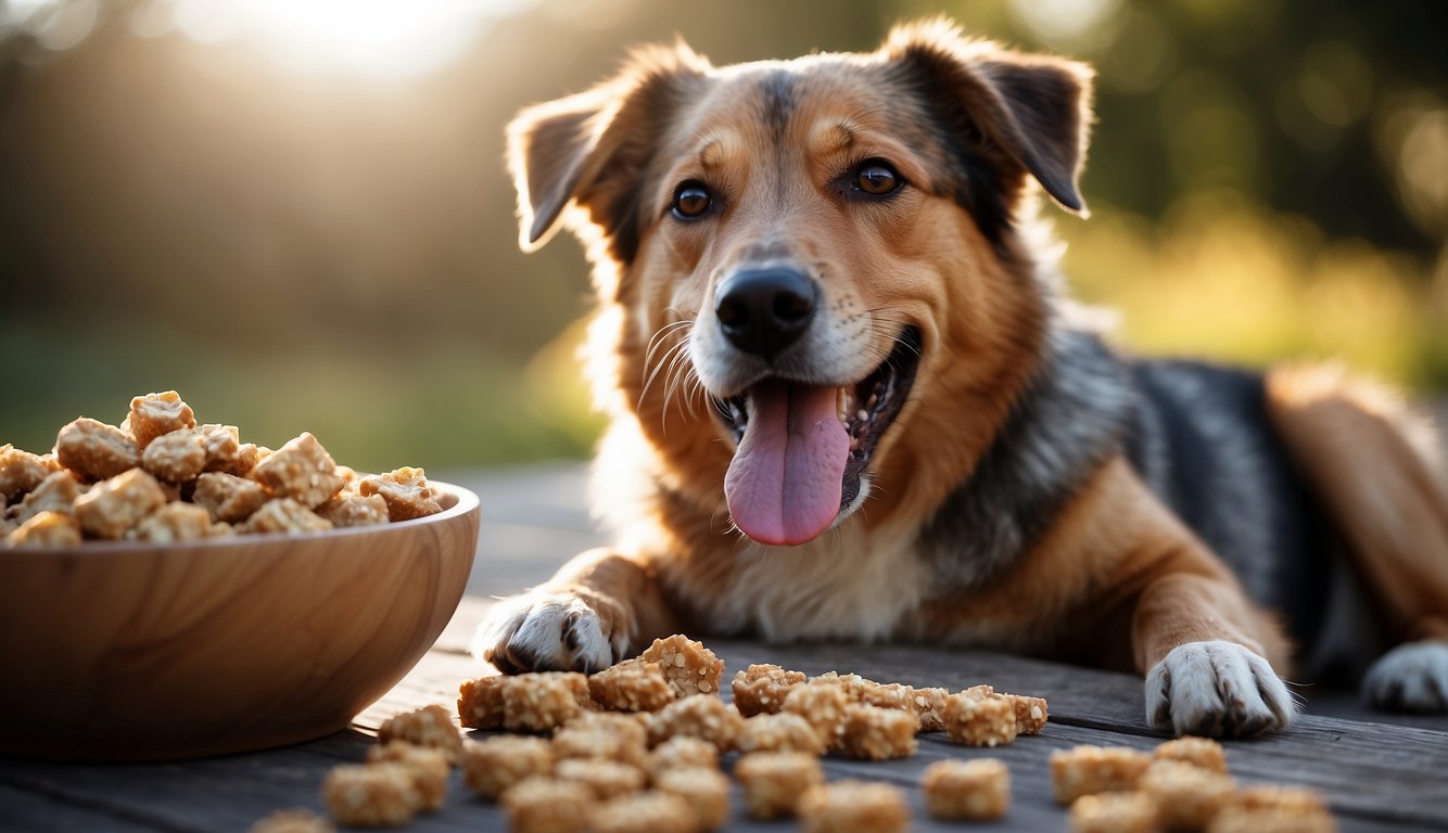 A dog happily chewing on a natural, grain-free treat. A variety of safe, organic treats displayed nearby. Bright, natural lighting