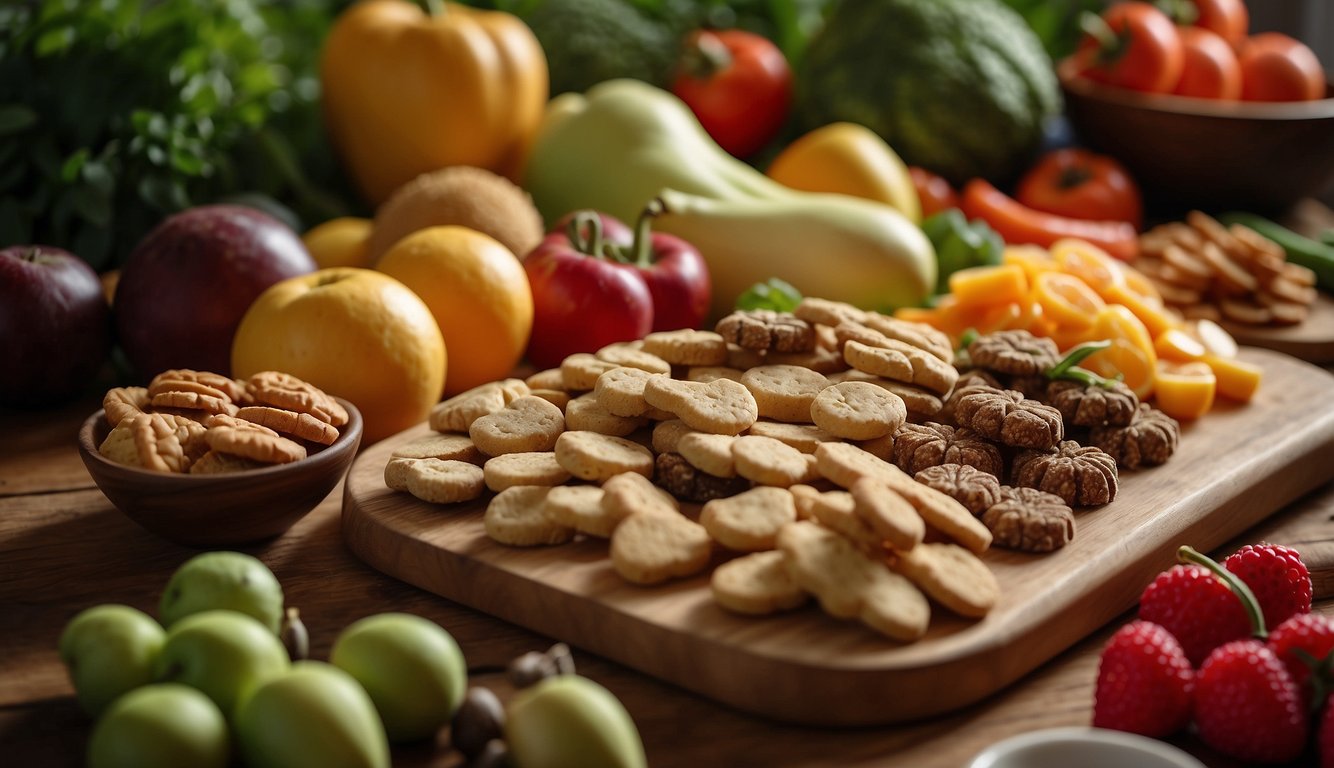 A variety of natural dog treats displayed on a wooden table, surrounded by fresh fruits and vegetables. A dog eagerly sniffs at the treats, showcasing their appeal and safety