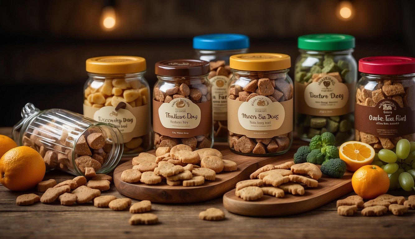 A variety of natural dog treats displayed on a wooden table with fresh ingredients such as fruits, vegetables, and meats. A label with "Safest Dog Treats" is prominently featured