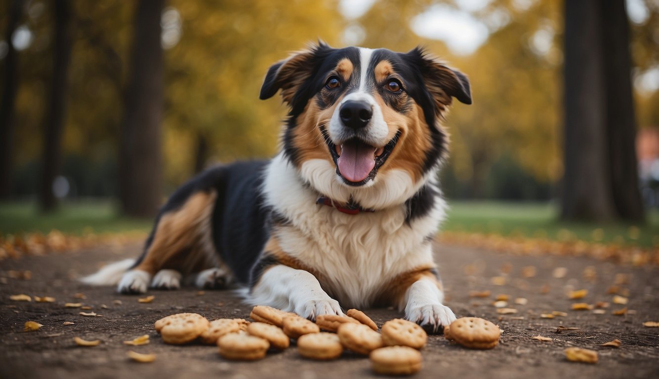 A happy dog eagerly sits, eyes fixed on a hand holding a treat. Treats are scattered on the ground, with one being offered to the dog