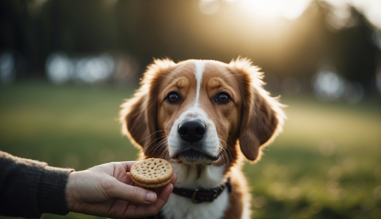 A dog eagerly sits, focused on a hand holding a treat. The treat is small and easily manageable, enticing the dog with its aroma and taste