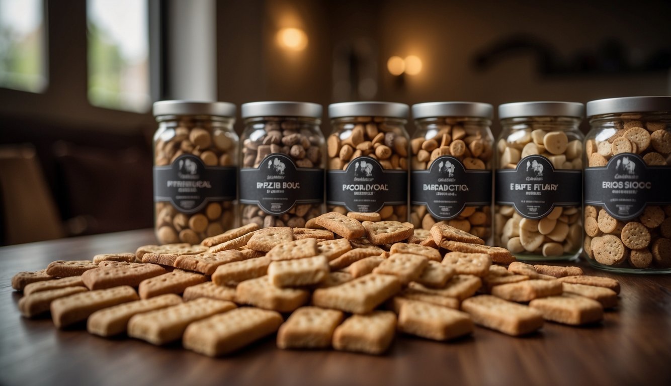 A variety of dog treats scattered on the floor, with a focus on treats labeled as "best for training."