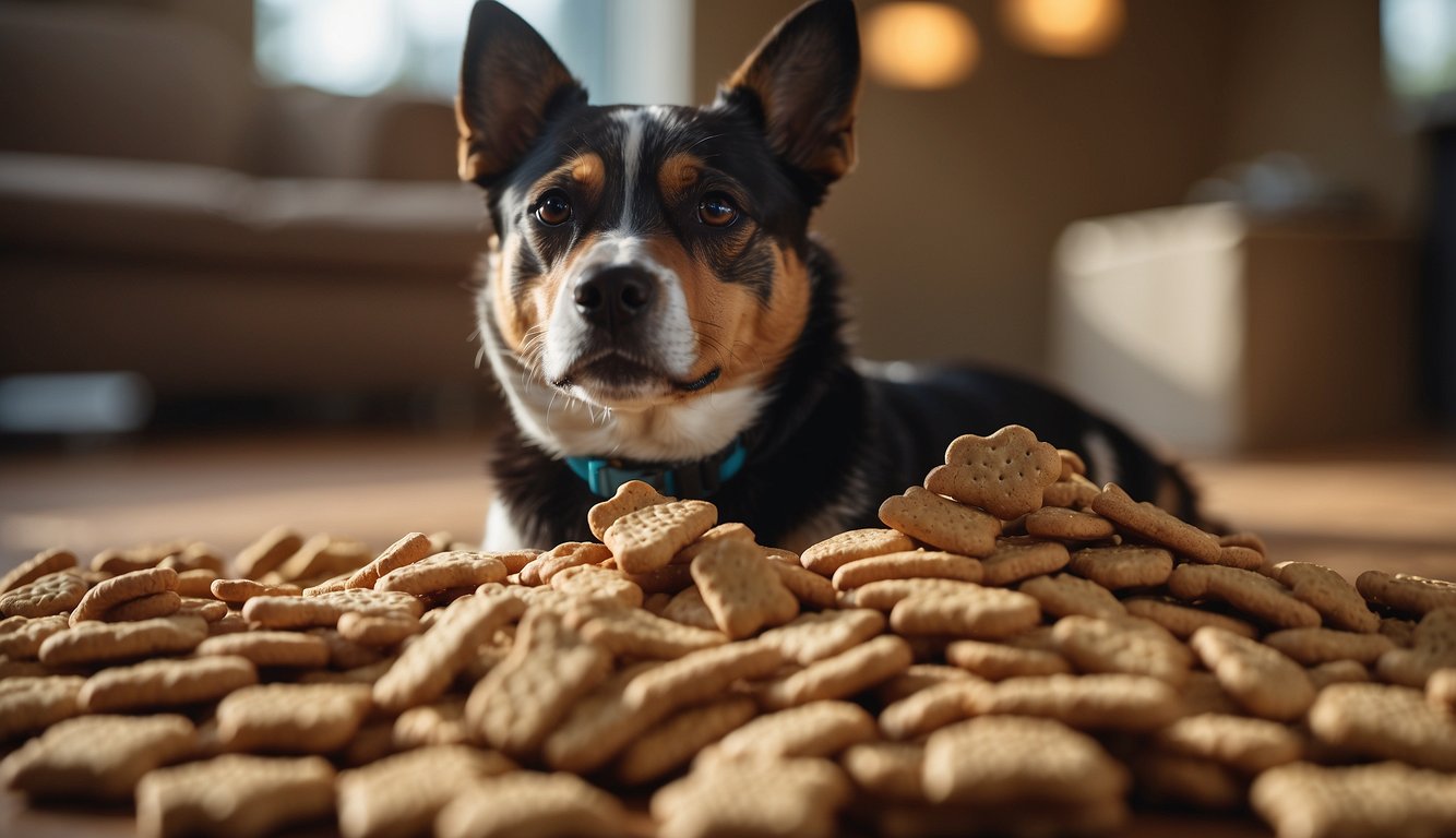 A dog eagerly sits in front of a pile of various dog treats, eagerly awaiting its reward for good behavior during training