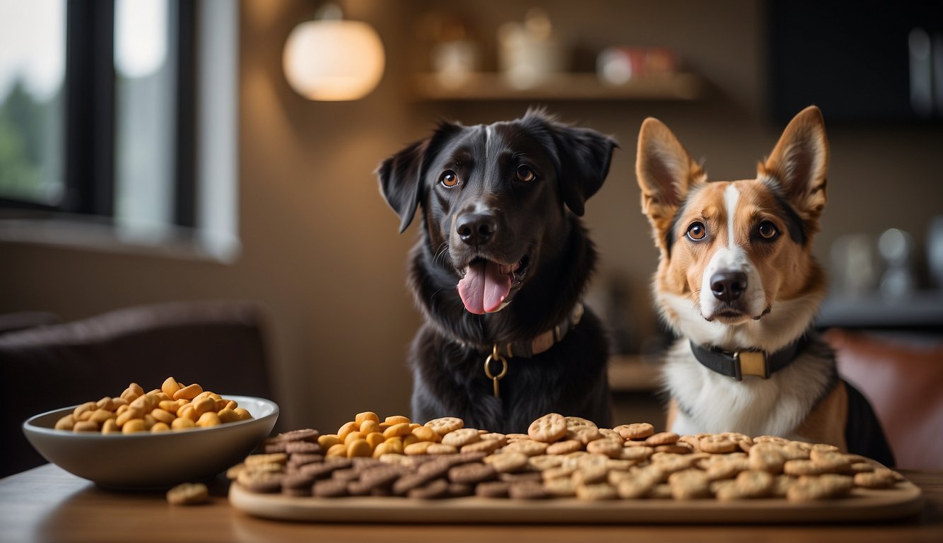 A dog eagerly sits in front of a trainer, eyes fixed on a pile of various treats. The trainer holds up a treat, ready to reward the dog's good behavior