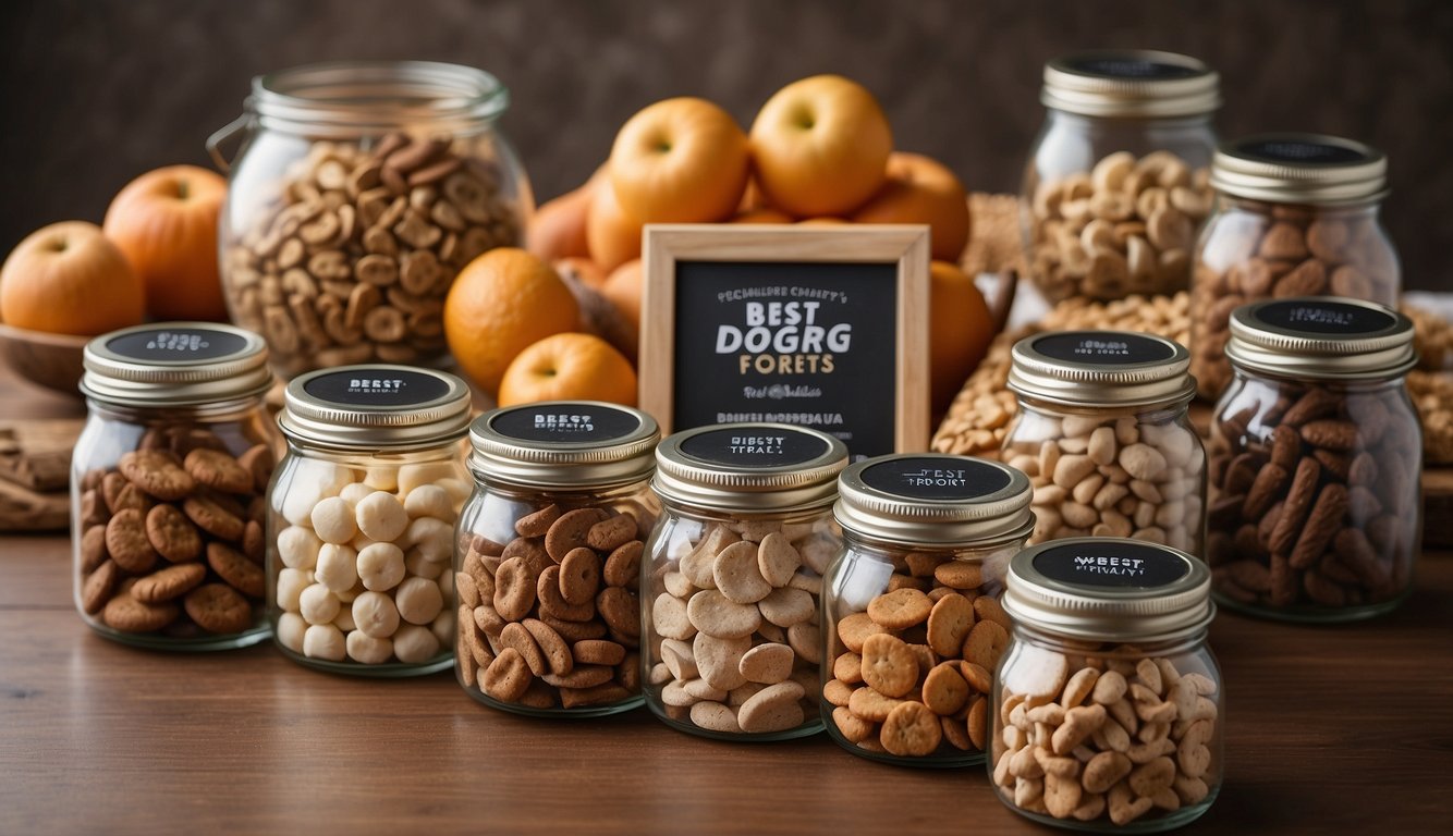 A variety of dog treats displayed on a clean, organized table with a title "Best Dog Treats for Training" above