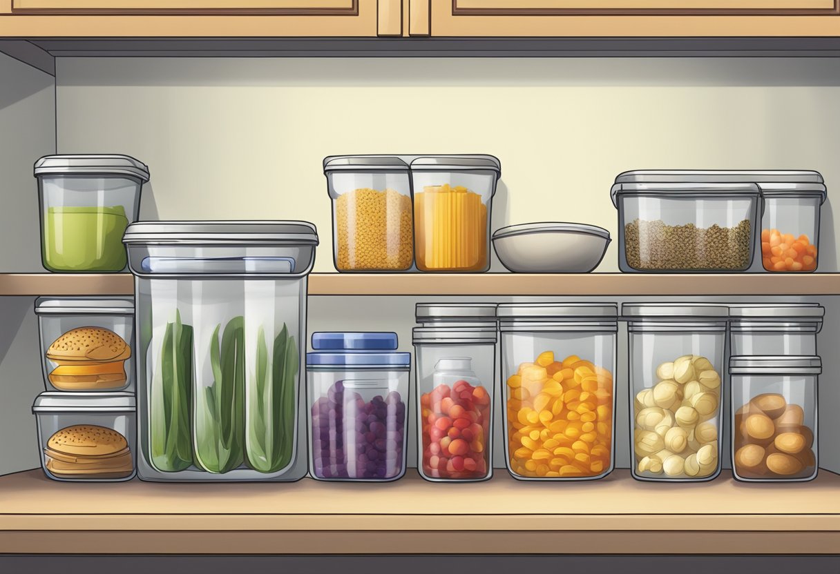 Food items stored in glass and plastic containers on a kitchen shelf, with labels indicating their contents