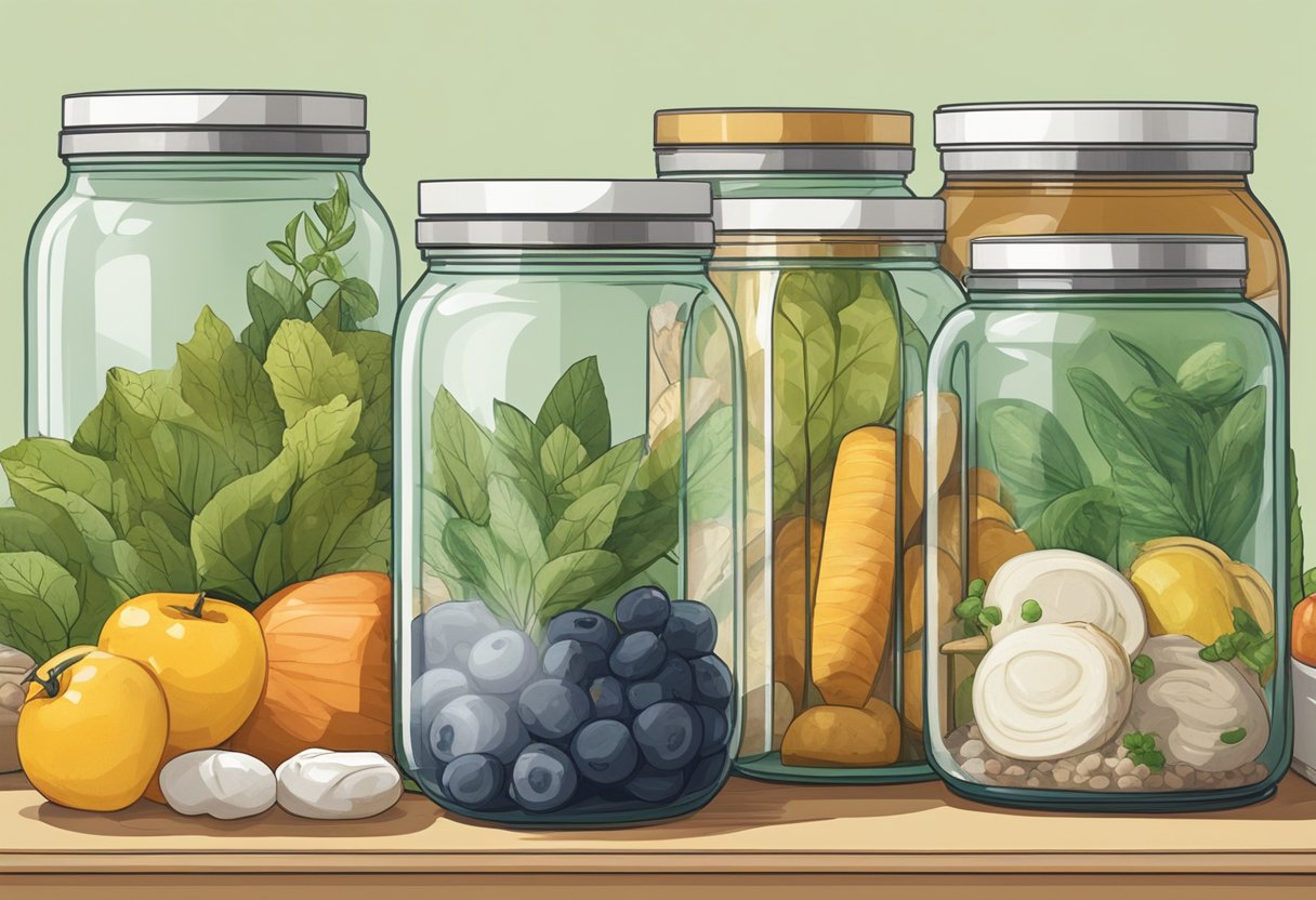 A glass jar and plastic container sit side by side, surrounded by various food items. The glass jar exudes a sense of sustainability and eco-friendliness, while the plastic container emits a less environmentally friendly vibe