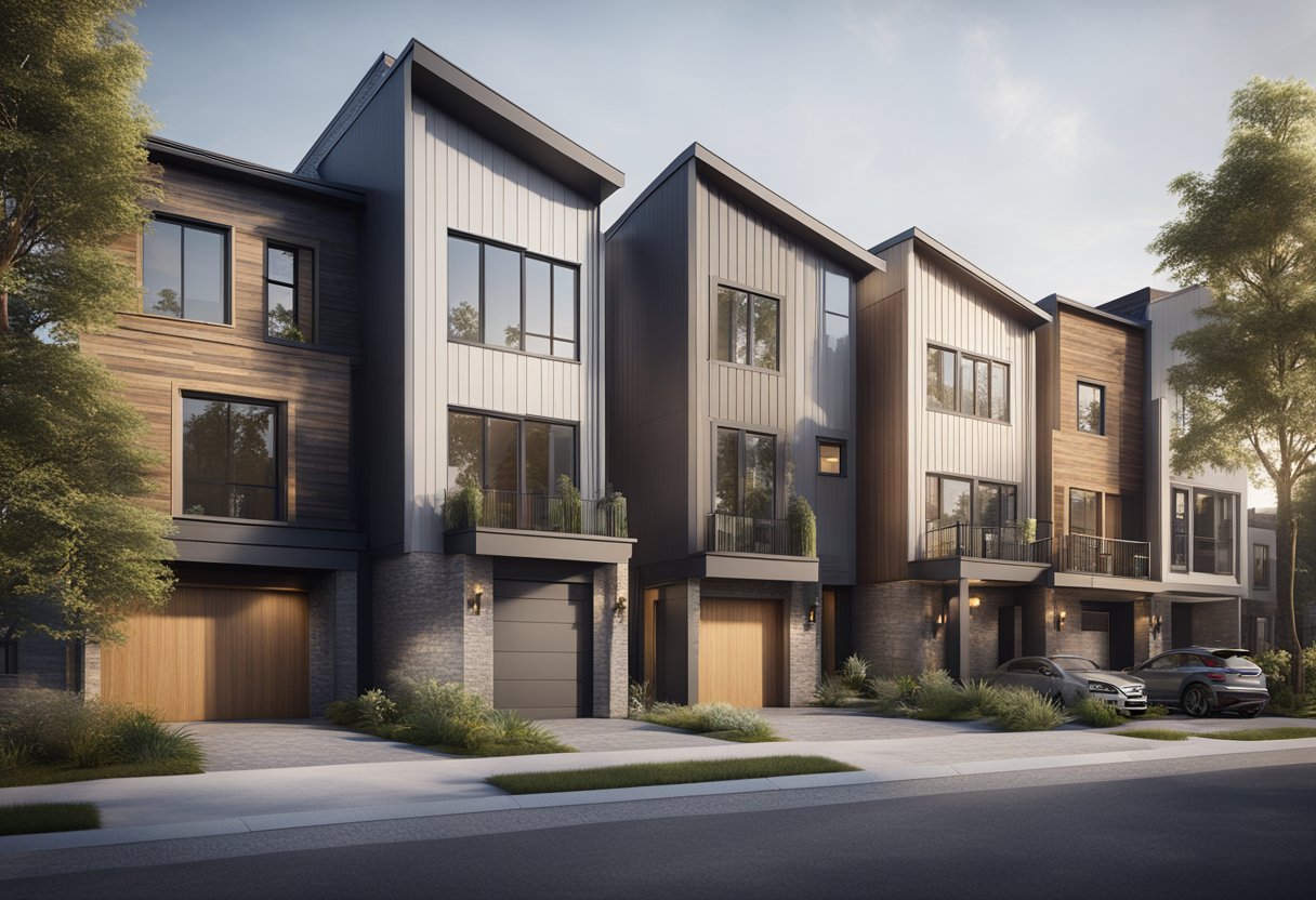 A single-family home stands tall next to a row of townhouses, showcasing the contrast in design and customization options