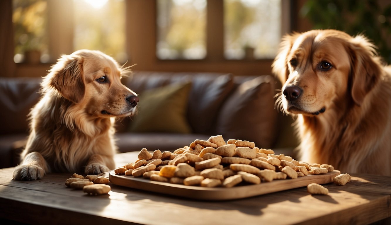 A variety of all-natural dog treats are displayed on a wooden table, with vibrant packaging and fresh ingredients. A golden retriever eagerly sniffs at the treats, while a small terrier eagerly watches from the side