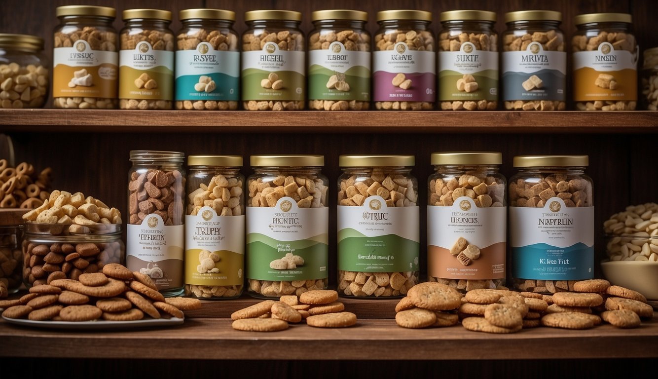 A variety of all-natural dog treats displayed on a shelf, with labels indicating high ratings and quality ingredients