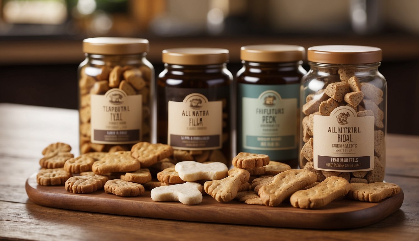 A variety of dog treats displayed on a wooden table, with packaging indicating "all natural" and "highly rated" qualities