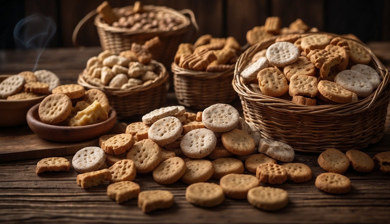 A variety of all-natural dog treats scattered on a wooden surface, with a few treats stacked neatly in a pile, and others spilling out of a rustic-looking basket