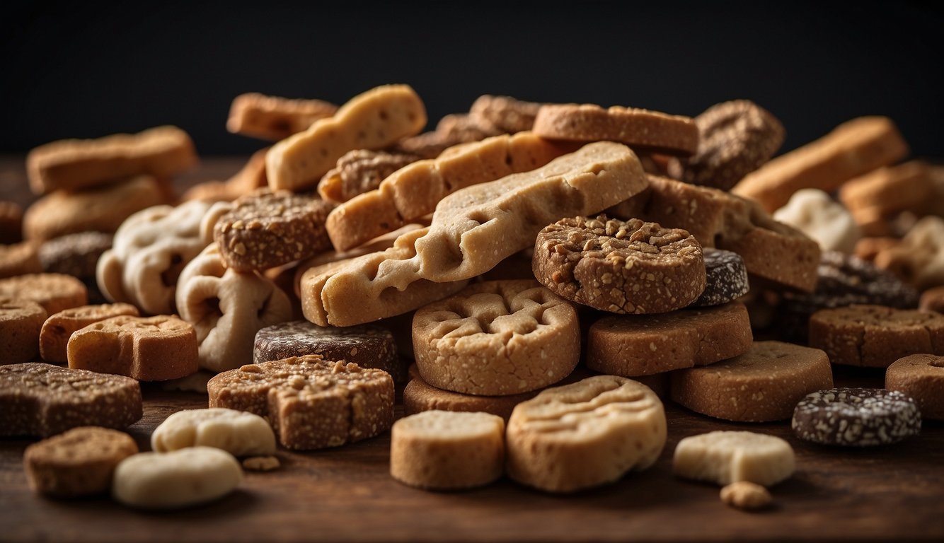 A variety of top-rated all-natural dog treats are displayed on a wooden table, surrounded by happy, tail-wagging dogs