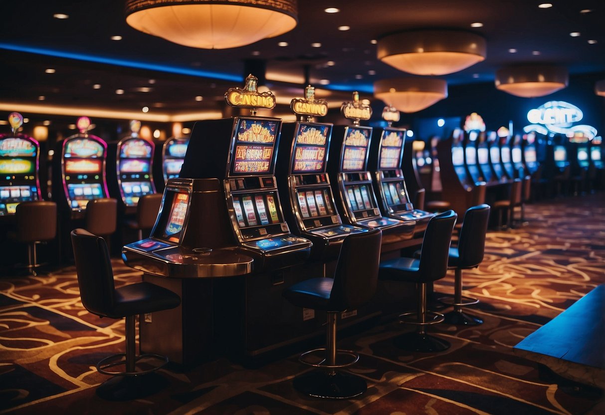 Brightly lit casino floor with rows of slot machines and gaming tables. Colorful lights and sounds fill the air as players try their luck