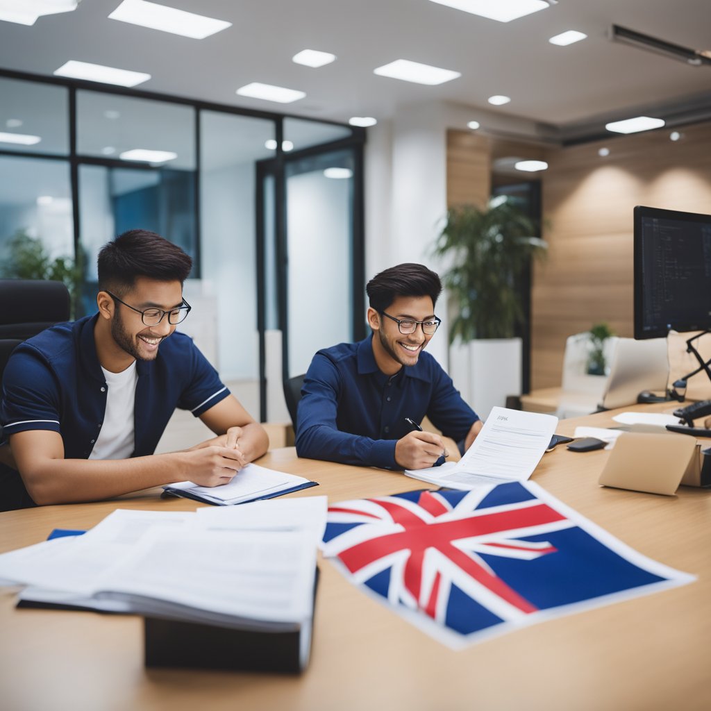 International students review loan criteria: UK flag, university emblem, financial documents, application form, and a smiling loan officer