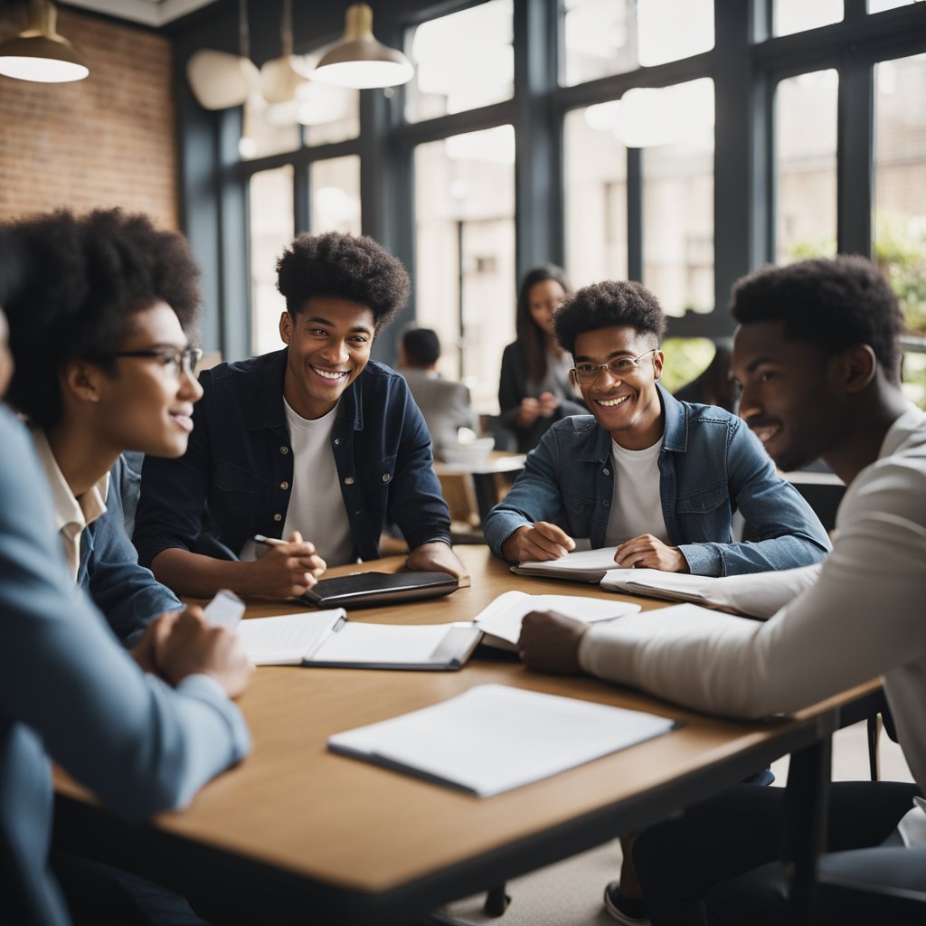 A diverse group of international students gather around a table, reviewing loan eligibility requirements in a UK university setting