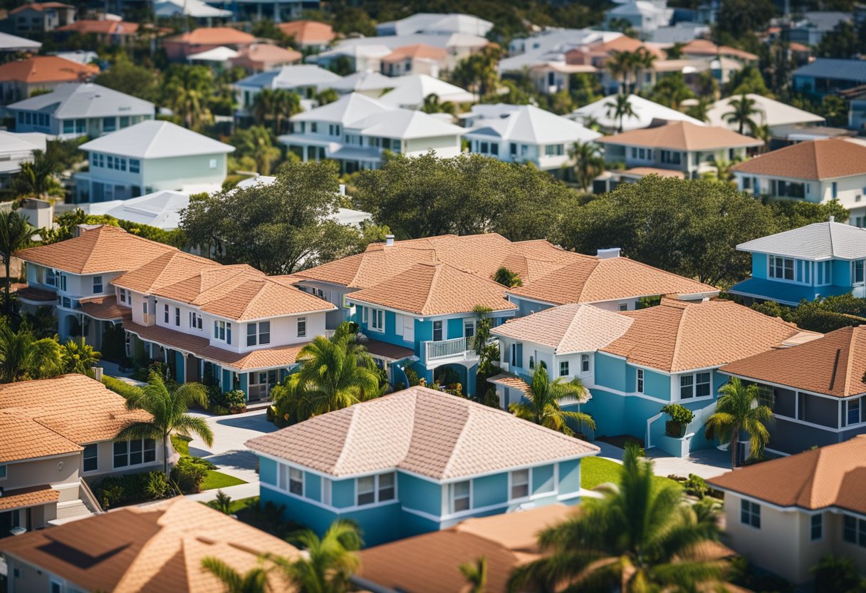 A sunny Florida neighborhood with a mix of traditional shingle roofs and modern metal roofs. A real estate sign highlights the potential impact on property value