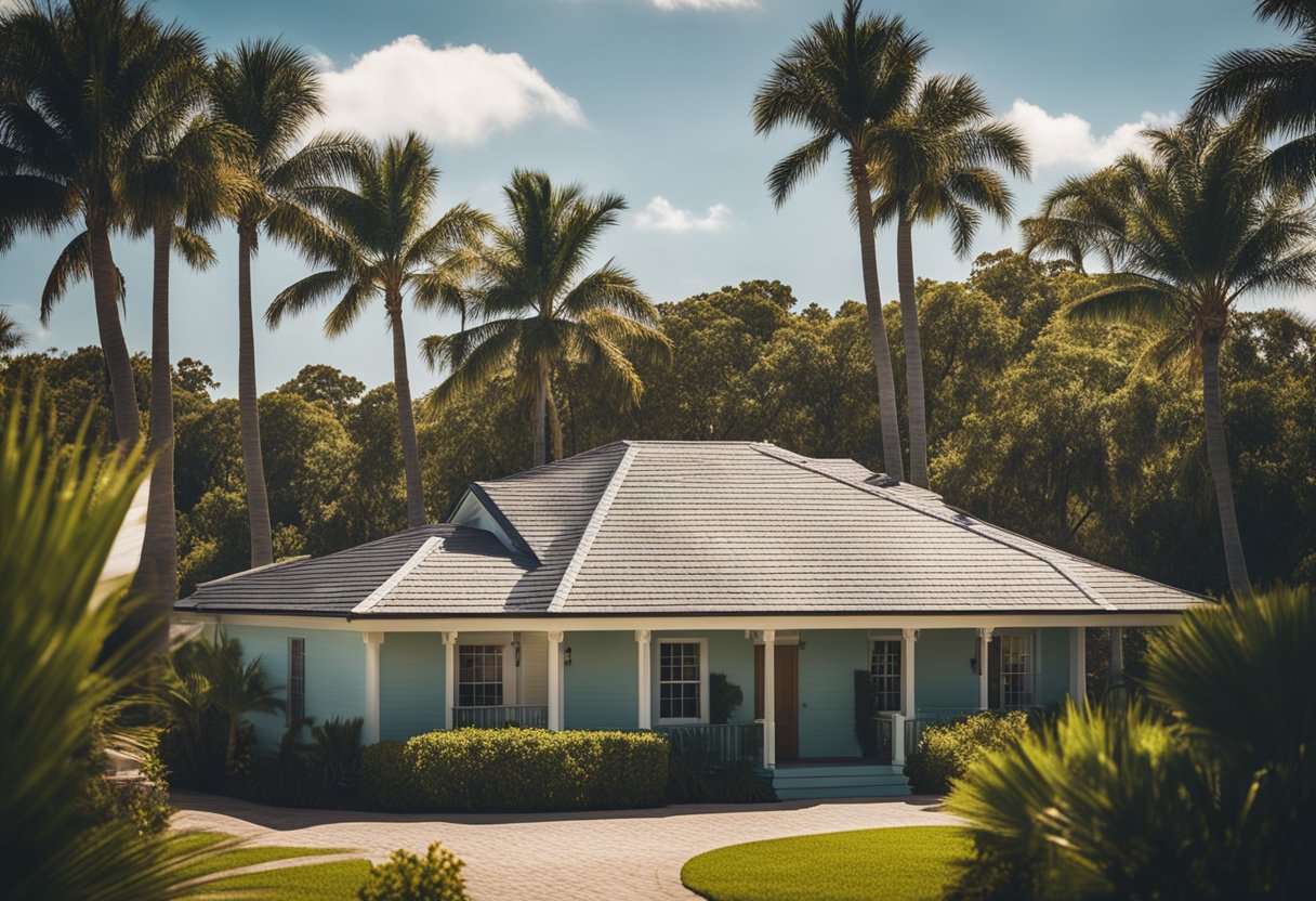 A sunny Florida house with a metal roof stands out among traditional shingle roofs. Palm trees sway in the background, suggesting a coastal location