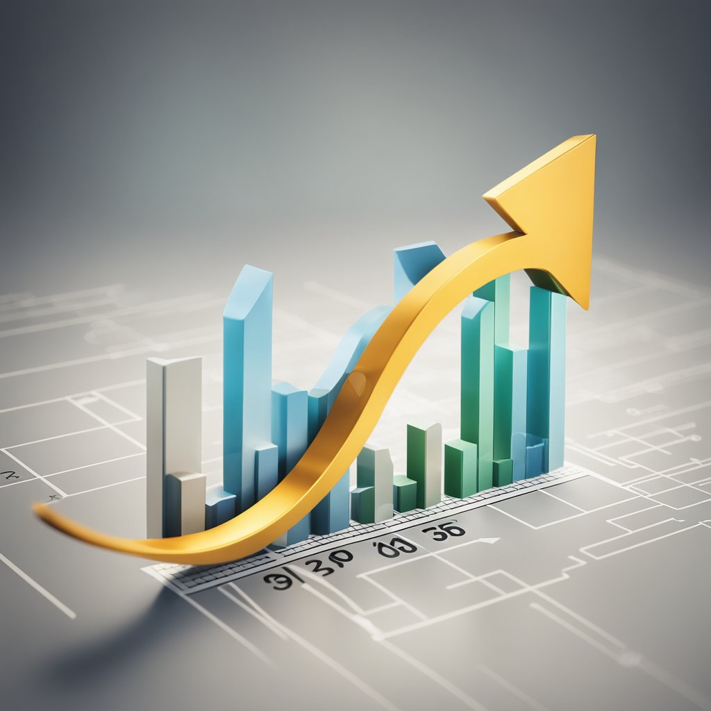 A credit score rising above a bar graph, with a large arrow pointing upwards