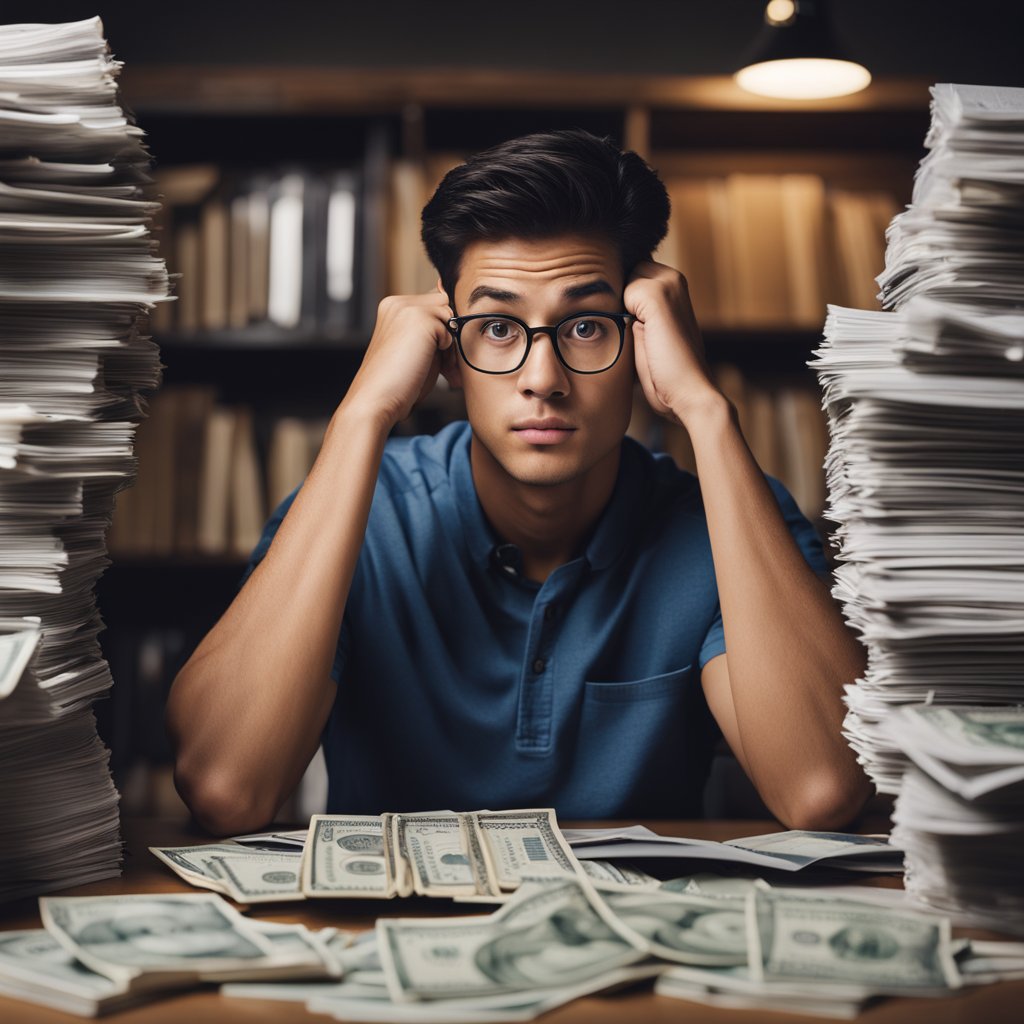 A student sits at a desk, surrounded by textbooks and a laptop, with a worried expression while looking at a stack of bills labeled "TotallyMoney Student Loans."