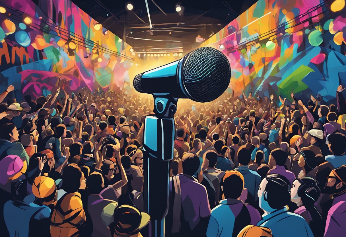 A spotlight shines on a microphone, surrounded by colorful graffiti and a crowd of fans. A single eye peers out from the darkness, capturing the attention of all