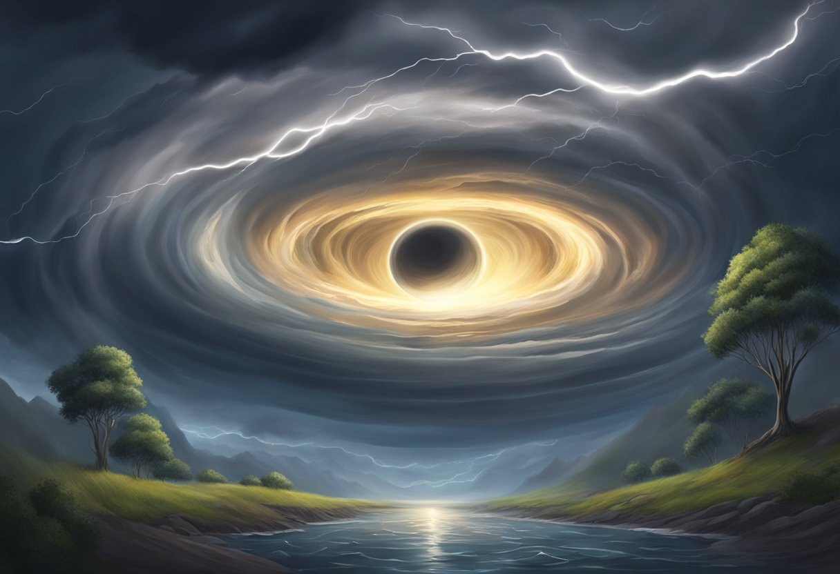 A swirling vortex of dark clouds encircles a calm center, with lightning striking all around. The eye of the storm is a serene oasis amidst the chaos