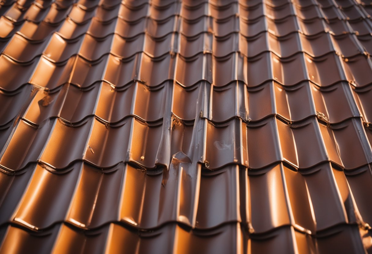 A metal roof with visible rust and corrosion, water pooling in low spots, and loose or missing fasteners