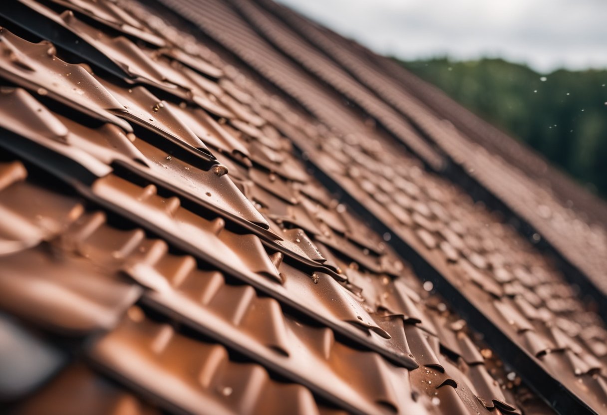 Metal roof with visible rust spots and loose screws. Water leaking through gaps. Debris collecting in valleys