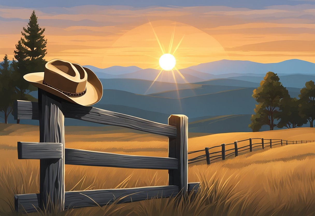 A lone cowboy hat rests on a weathered fence post, surrounded by rolling hills and a setting sun