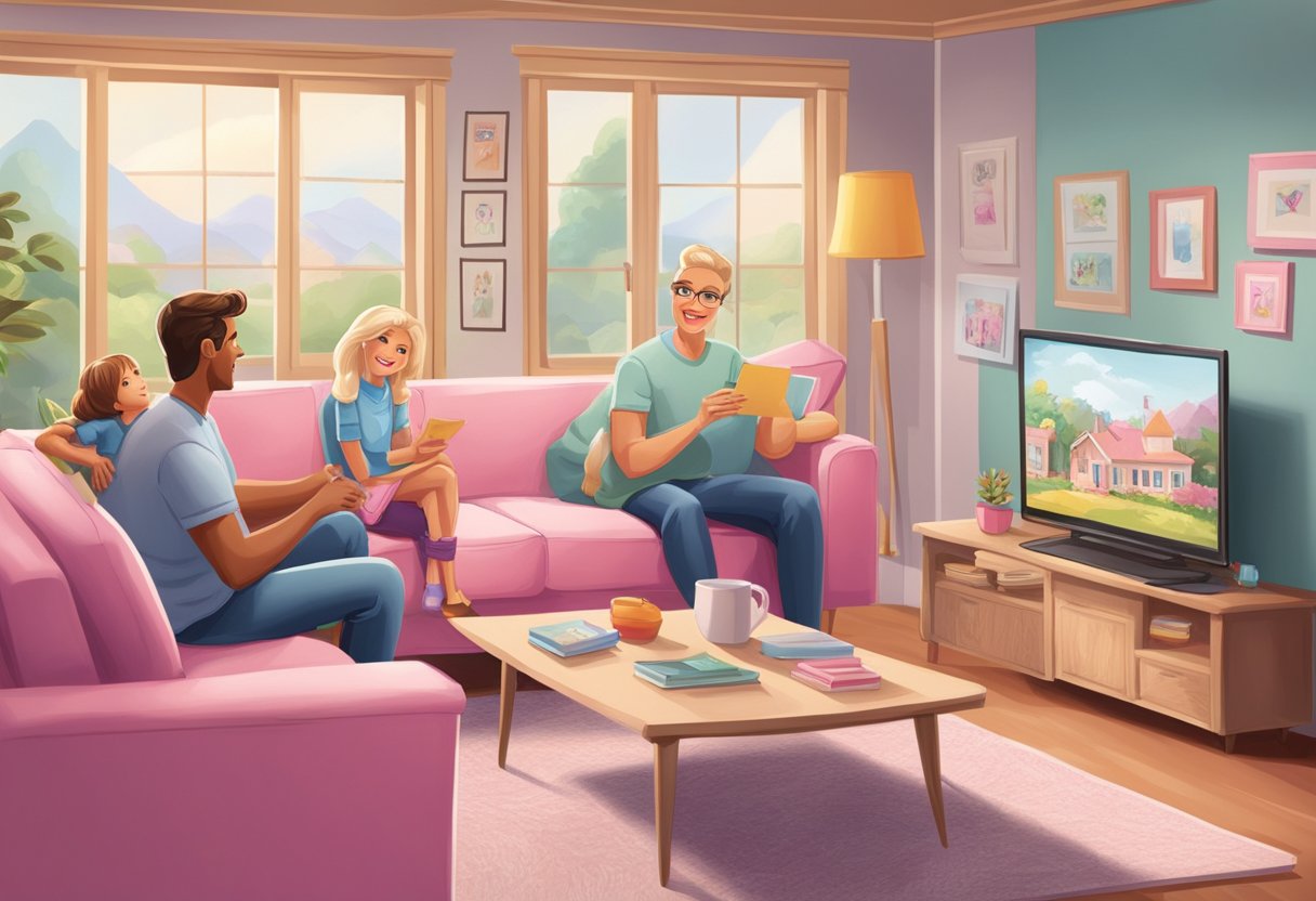 Barbie's parents are absent in a cozy living room, with family photos on the wall and a single parent note on the fridge