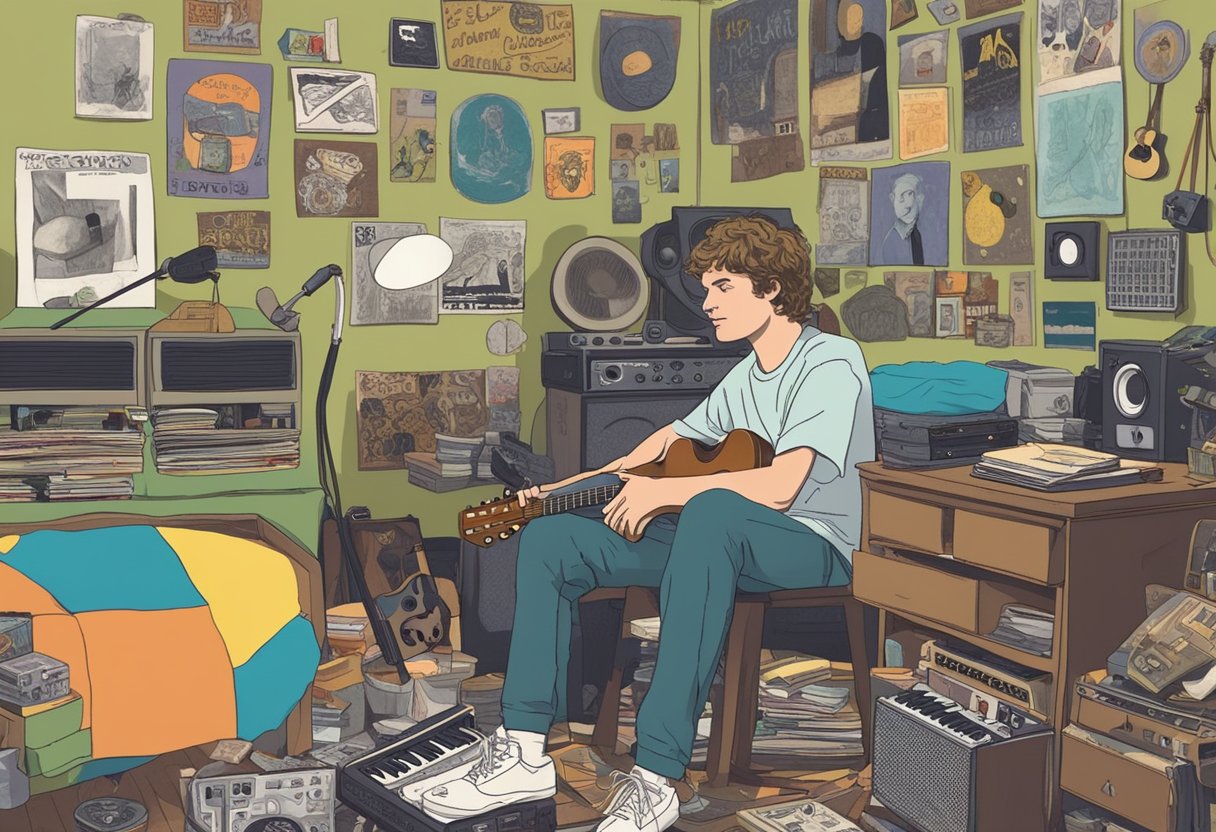 Mac DeMarco's early life and career beginnings could be depicted with a young musician practicing guitar in a cluttered bedroom, surrounded by records and posters