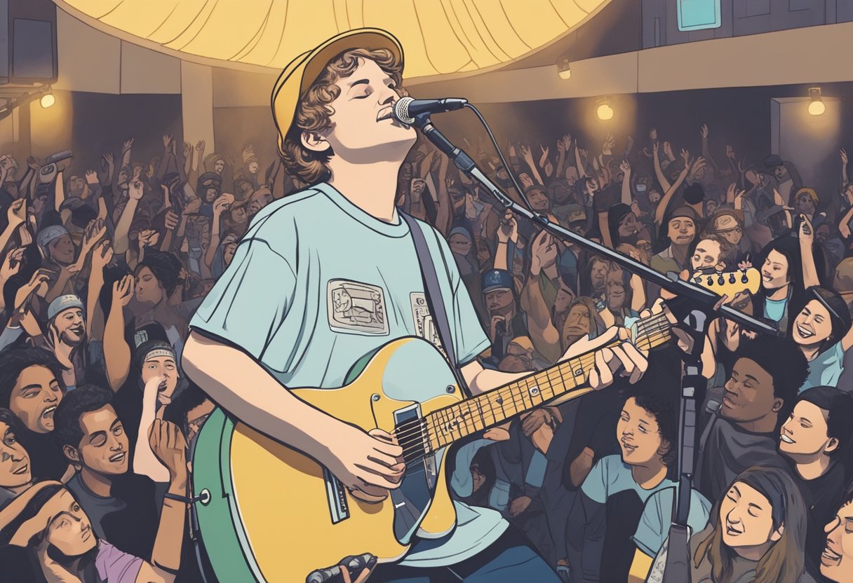 Mac Demarco rises to fame, surrounded by adoring fans at a sold-out concert. Bright lights illuminate the stage as he strums his guitar, capturing the hearts of the audience