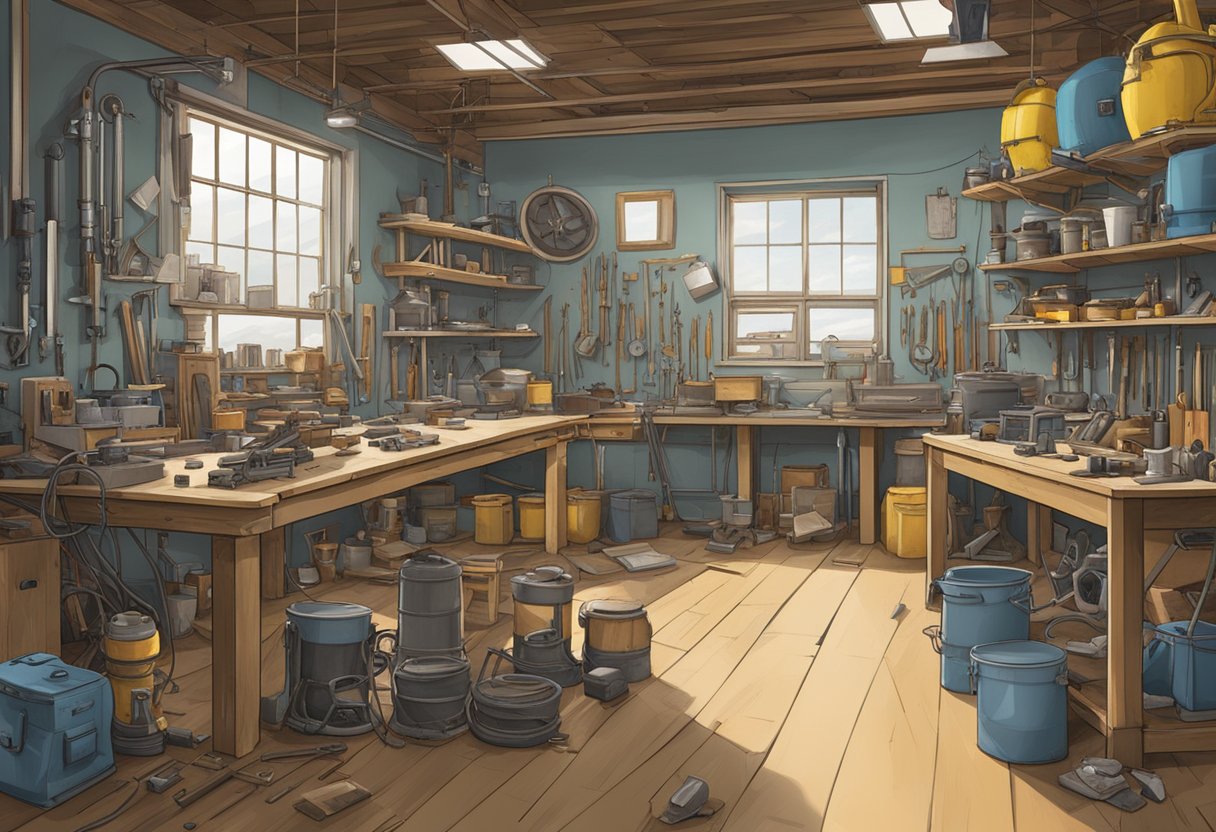 The iconic workshop of Mythbusters, filled with tools and equipment, sits empty and silent, with remnants of past experiments scattered about