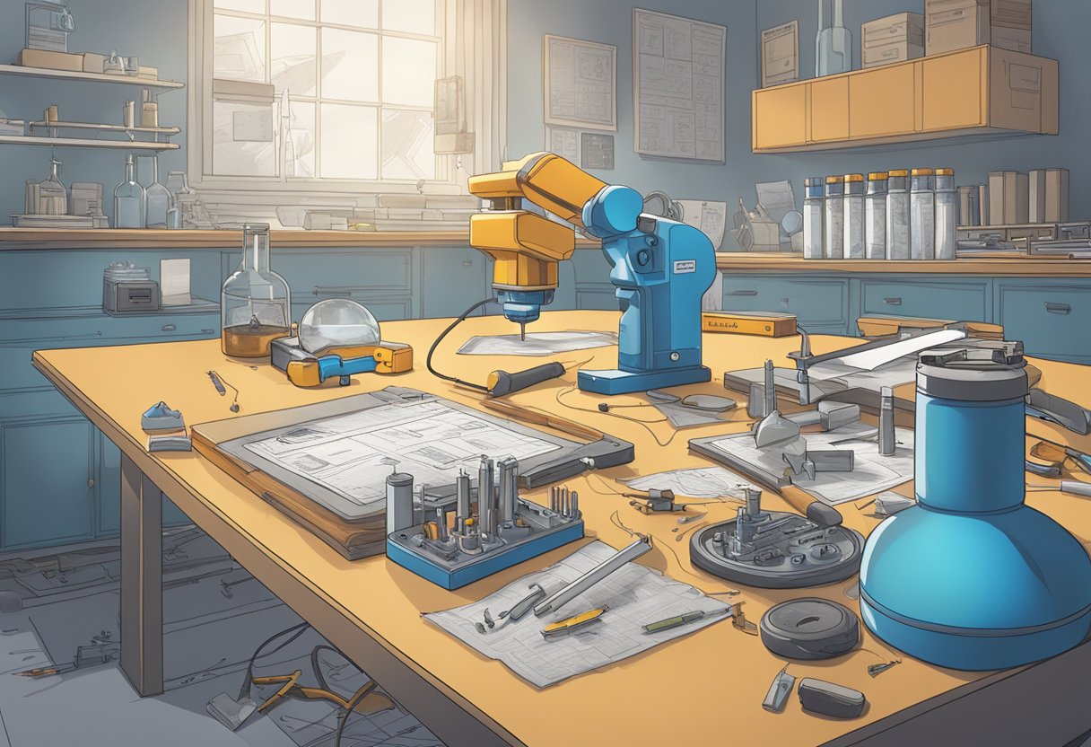 A laboratory with exploding experiments, tools scattered, and a blueprint of the first MythBusters episode on a cluttered desk