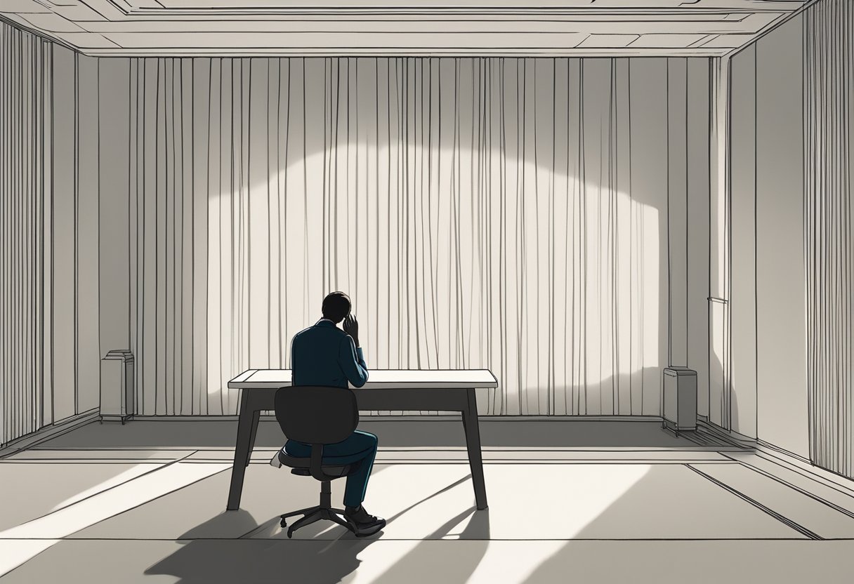 A lone figure sits in front of a glowing screen, head bowed in frustration. The room is dimly lit, casting long shadows across the walls. The atmosphere is heavy with tension and uncertainty