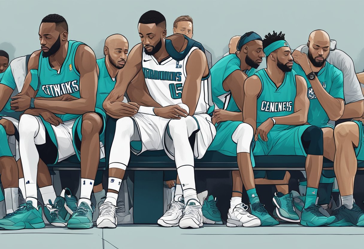 Kemba Walker sits on the bench, clutching his injured knee in pain, while teammates and trainers surround him with concern