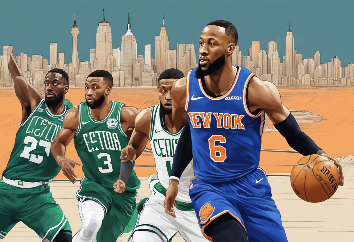 Kemba Walker dribbles past Celtics defenders, trades jerseys with Knicks player, and walks towards the New York skyline