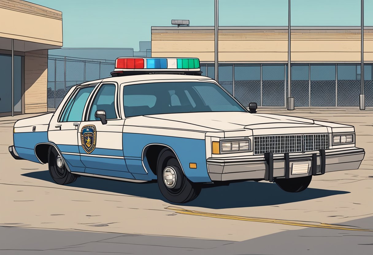 Officer Bishop's abandoned patrol car sits in an empty parking lot, its doors ajar and flashing lights still on, hinting at a sudden disappearance